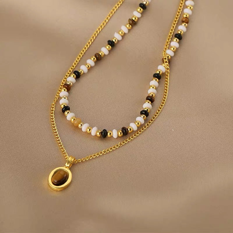 FirstMeet Tiger Eye Stone String Oval Pendant Necklace