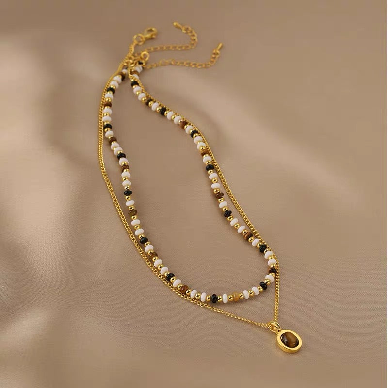 FirstMeet Tiger Eye Stone String Oval Pendant Necklace
