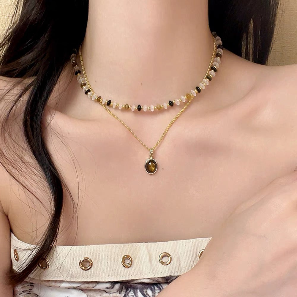 FirstMeet Tiger Eye Stone String Oval Pendant Necklace