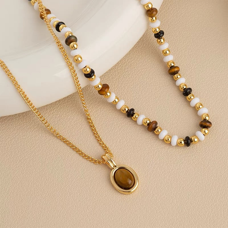 FirstMeet Tiger Eye Stone String Oval Pendant Necklace