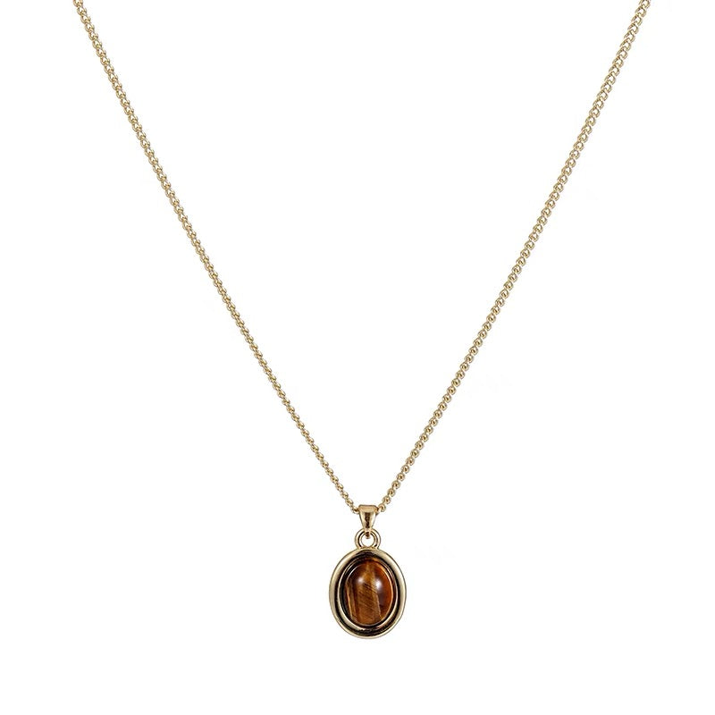 FirstMeet Tiger Eye Stone String Oval Pendant Necklace
