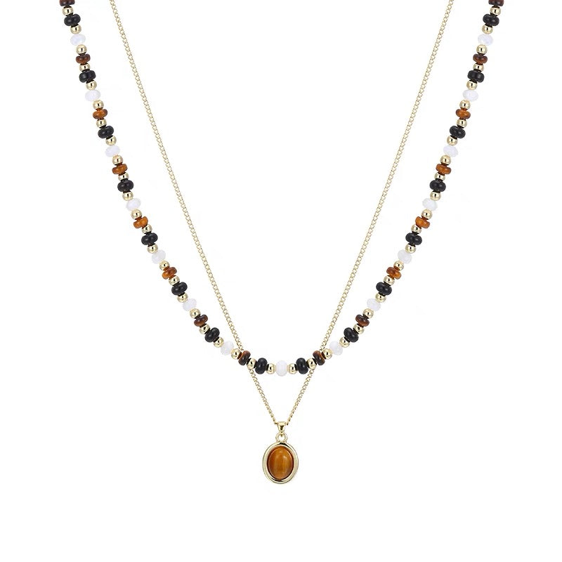 FirstMeet Tiger Eye Stone String Oval Pendant Necklace