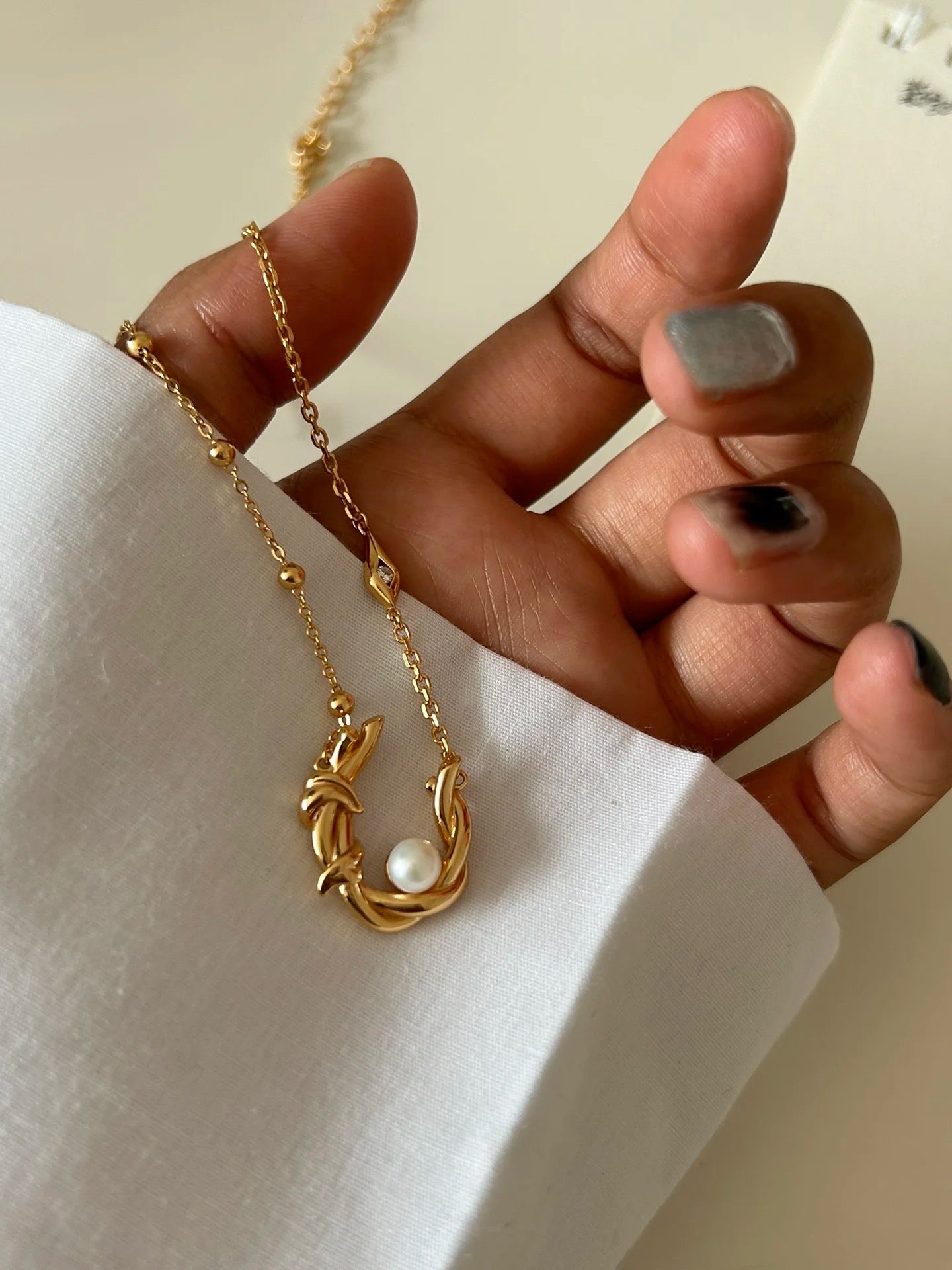 FirstMeet Olive Branch Ring Pearl Necklace