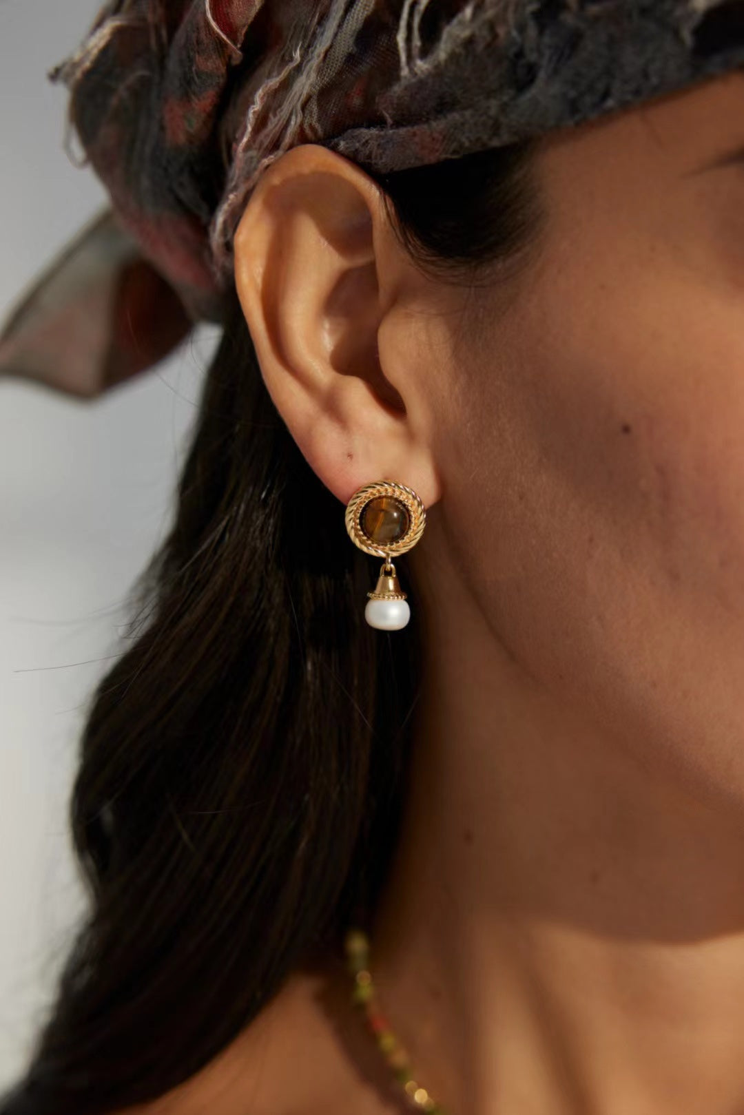 FirstMeet Tiger Eye Stone Pearl Earrings