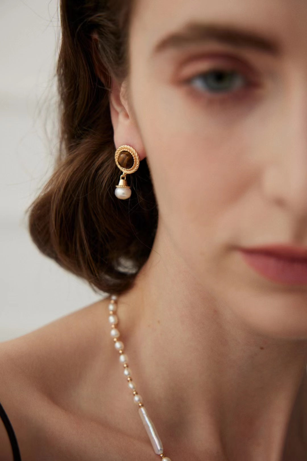 FirstMeet Tiger Eye Stone Pearl Earrings