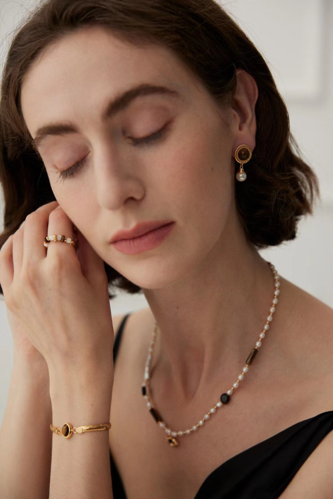 FirstMeet Tiger Eye Stone Pearl Earrings