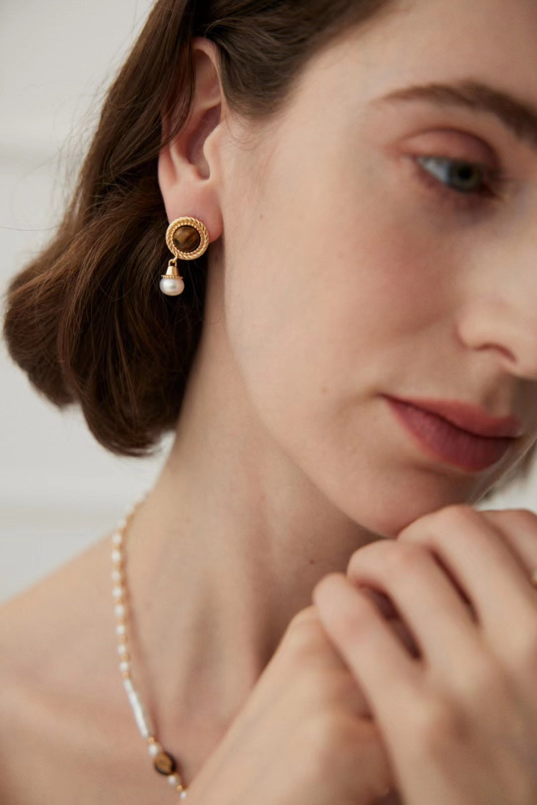 FirstMeet Tiger Eye Stone Pearl Earrings