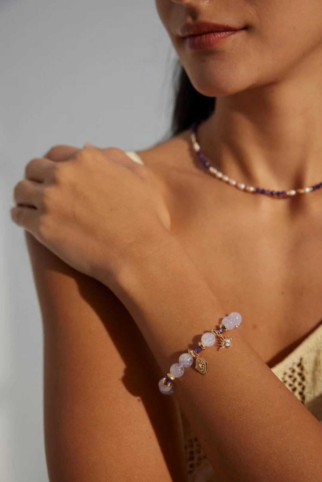 FirstMeet Natural Amethyst Bracelet White Stone Bracelet