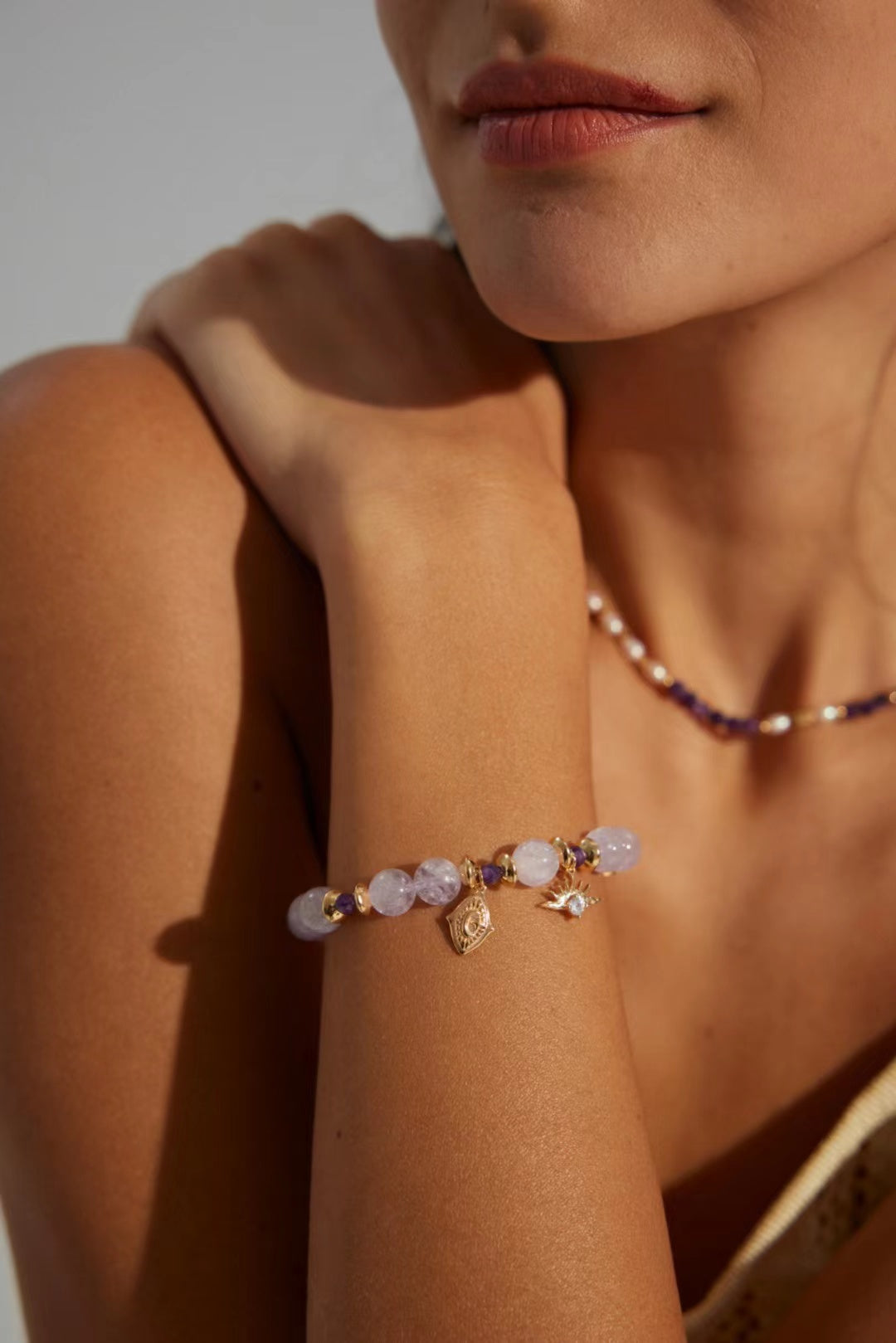 FirstMeet Natural Amethyst Bracelet White Stone Bracelet