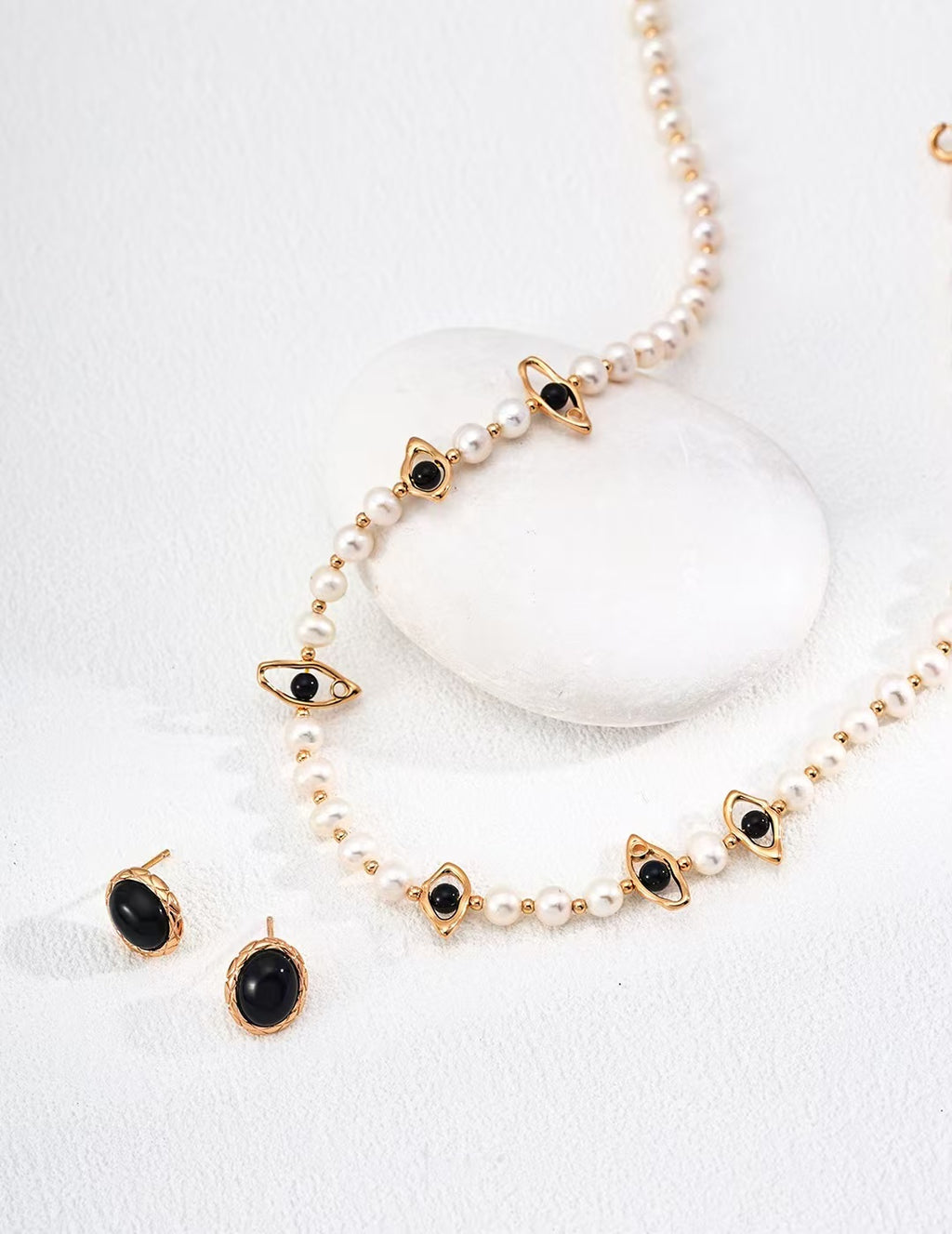 FirstMeet Natural Pearl Black Agate Necklace
