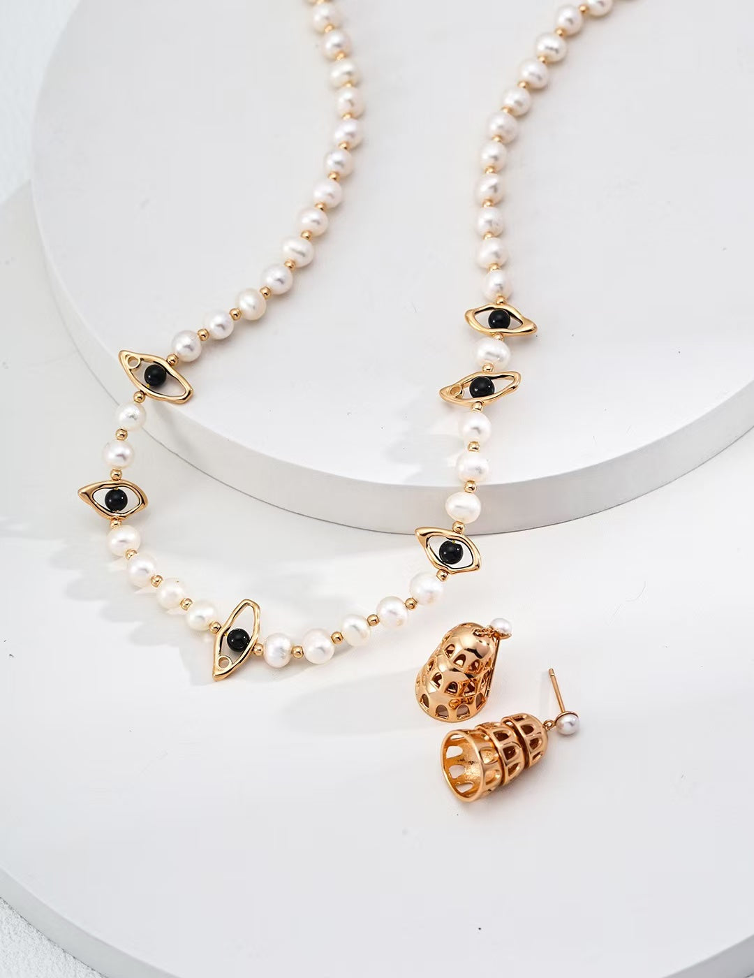 FirstMeet Natural Pearl Black Agate Necklace